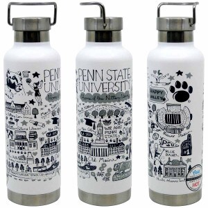 white Julia Gash illustrated stainless steel water bottle, 3 views